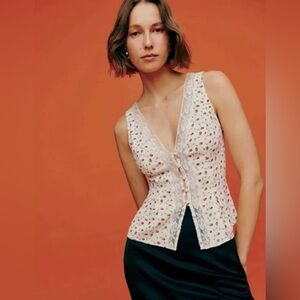 Reformation Floral Lace Trim Top - White and Red